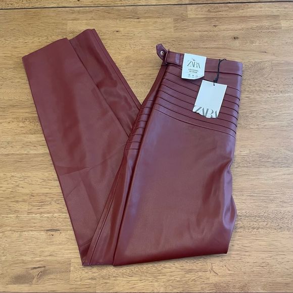 Zara Pants - NWT Zara Red Faux Learther Moto Leggings Size M